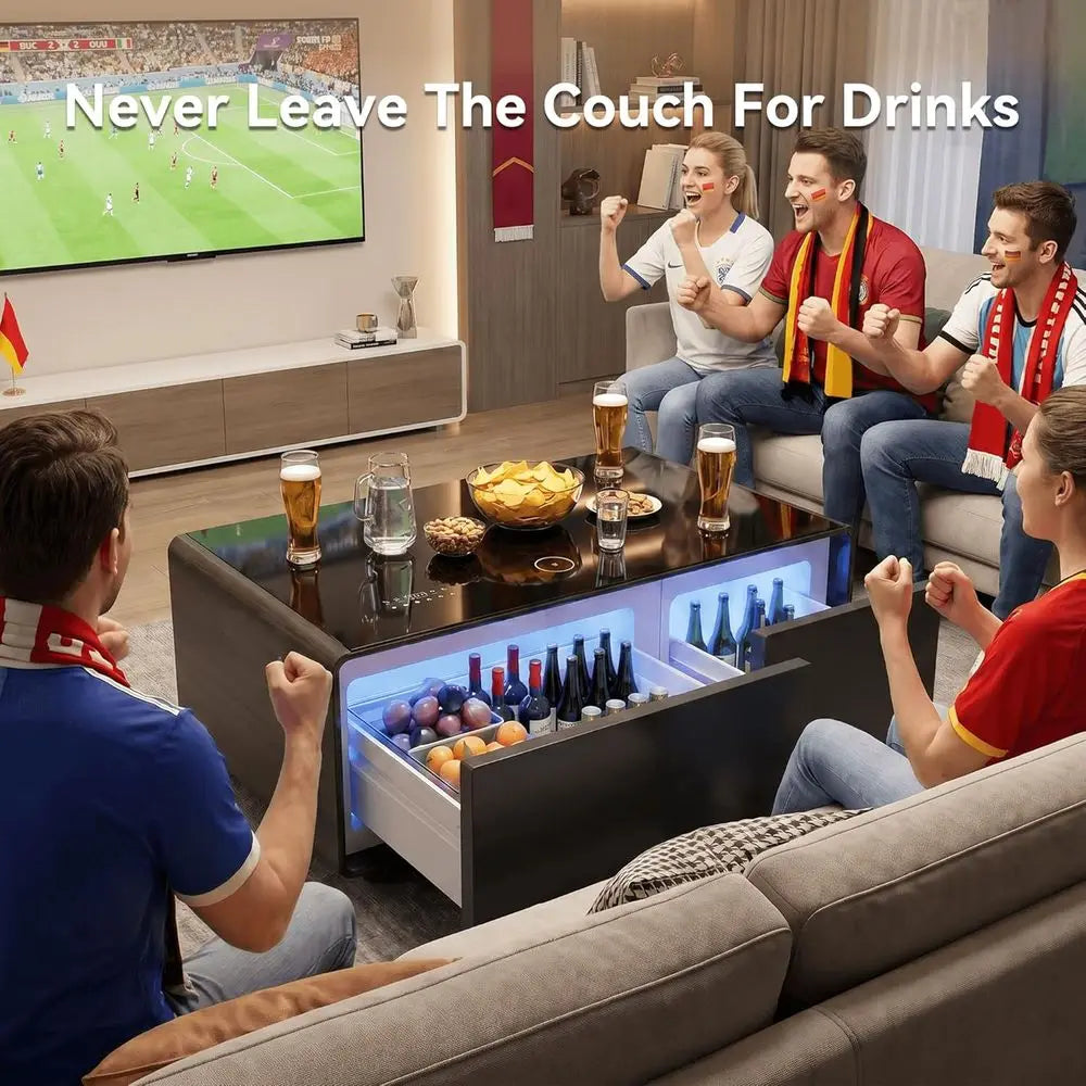 Smart Coffee Table with Built in ridge, 23" D x 41.5" W x 18.2" H, 15W Wireless Charging, USB s and Speakers
