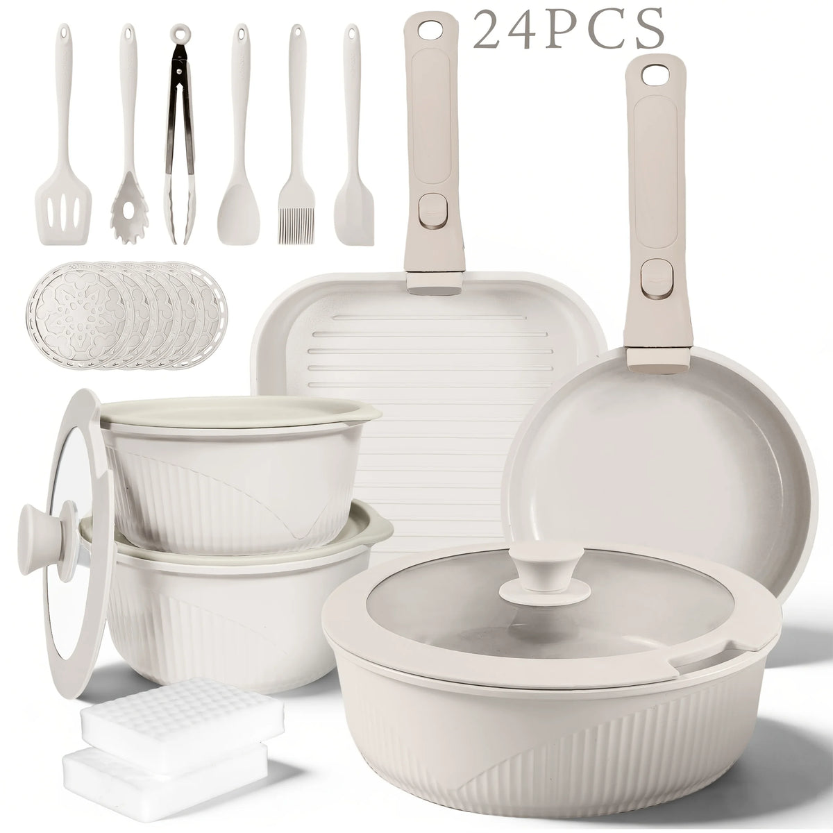 24pcs/7pcs/5pcs Cookware Set Non-Stick Pots & Pans Induction-Ready Kitchen Cookware Set Includes Skillet/Frying Pan/Soup Pot/Steak Pan Removable Handles