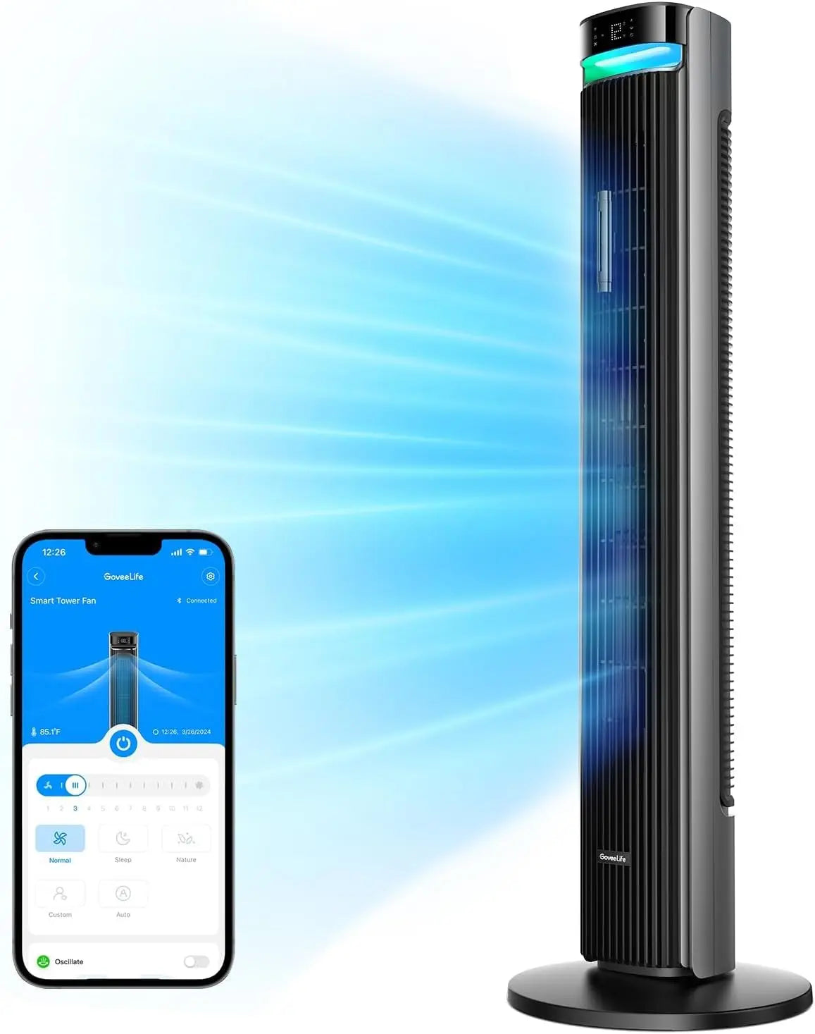 42-Inch Smart Tower Fan with 150° Oscillation, App & Voice Control, 5 Modes & 12 Speeds Up to 26ft/s, 24-Hour Timer, 27dB Silent Cooling for Home Office, Silver