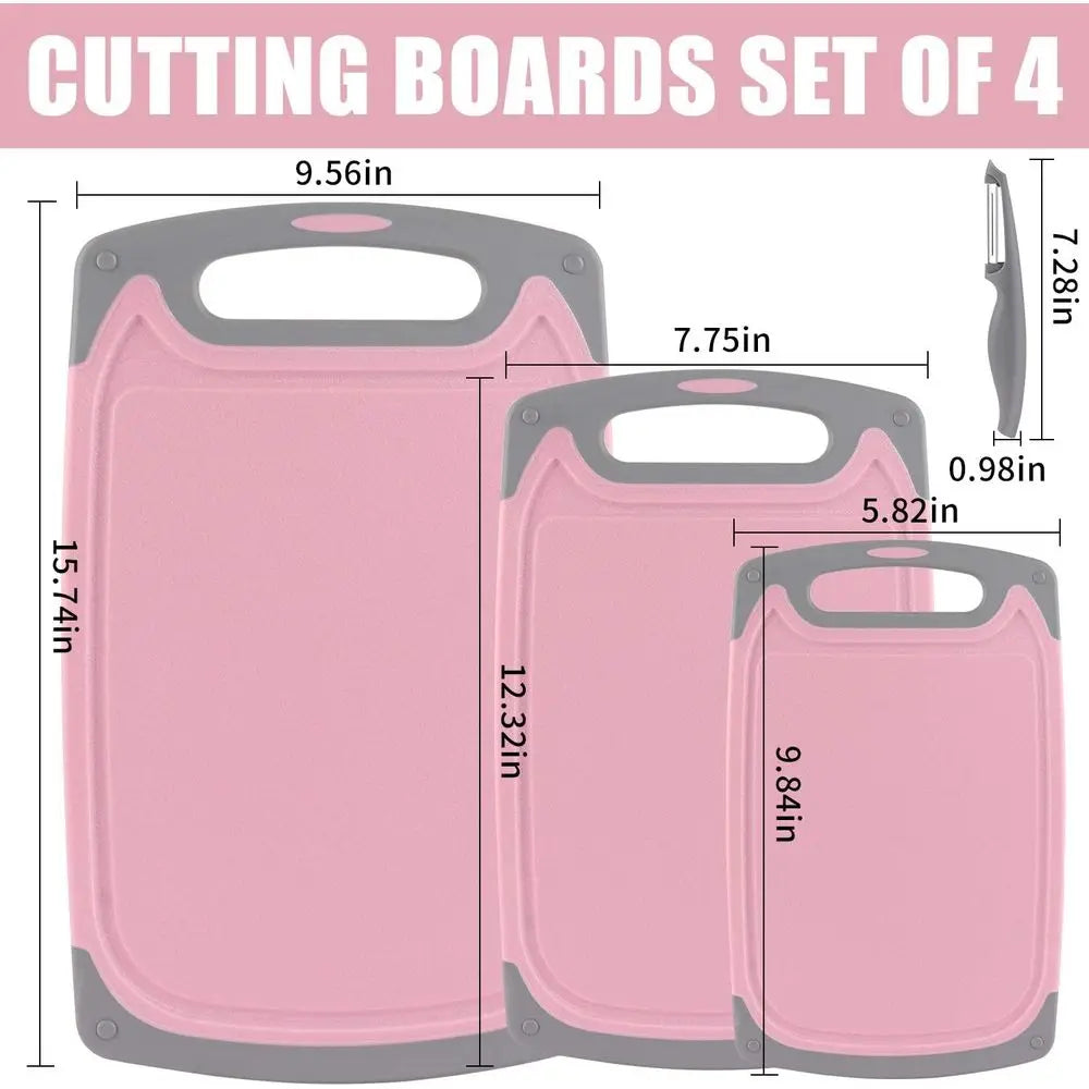 Cutting Boards Set of 4 with Non-Slip Feet and Deep Drip Juice, Easy Grip Handle, Dishwasher