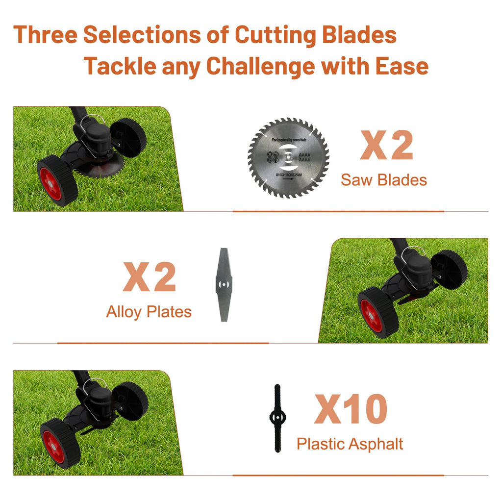 Electric Weed Trimmer With Wheels 21V Cordless Lawn Mower 3 in 1 Two 4.0Ah Batteries Charger Three Blades