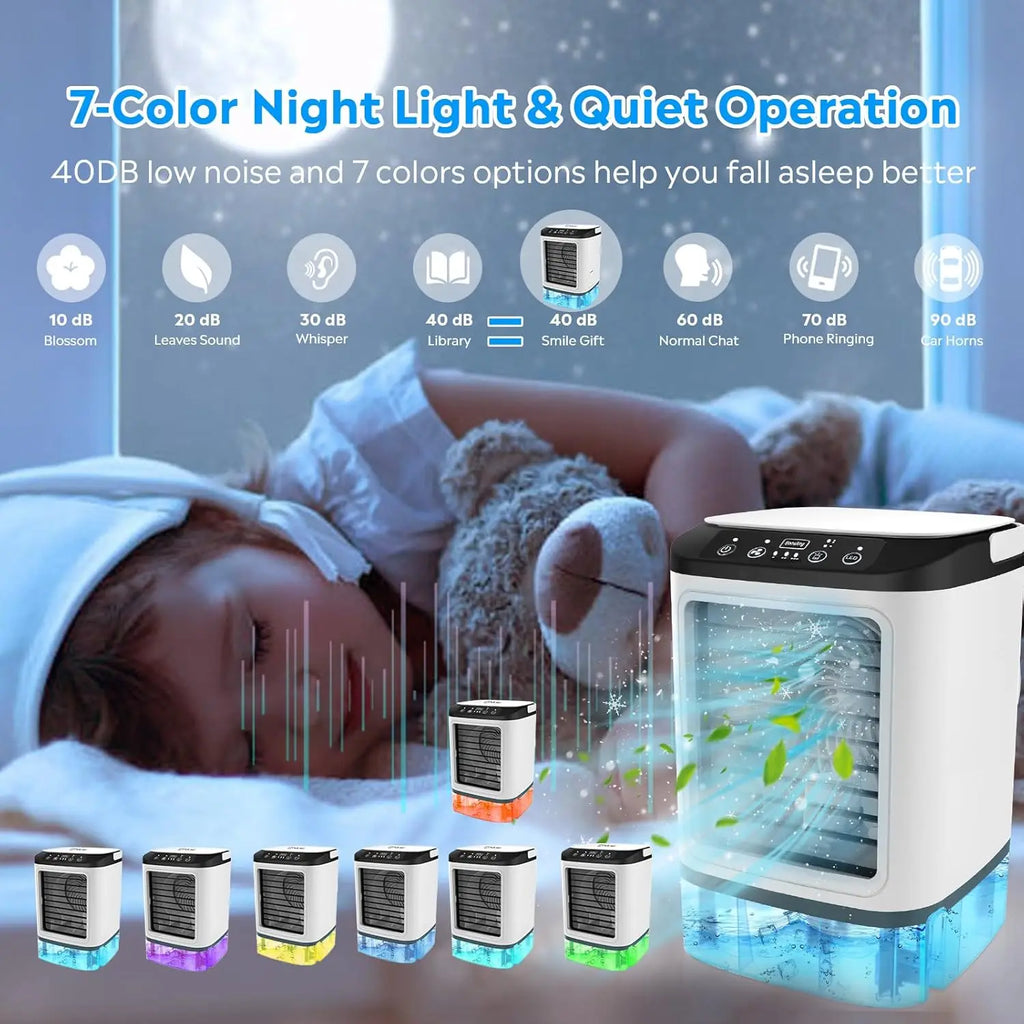 Evaporative Air Cooler with 900ml Water Tank & Ice Box, 7-Color LED Light, 3 Fan Speeds + Boost Mode & 2 Mist Levels, Portable Personal AC Fan
