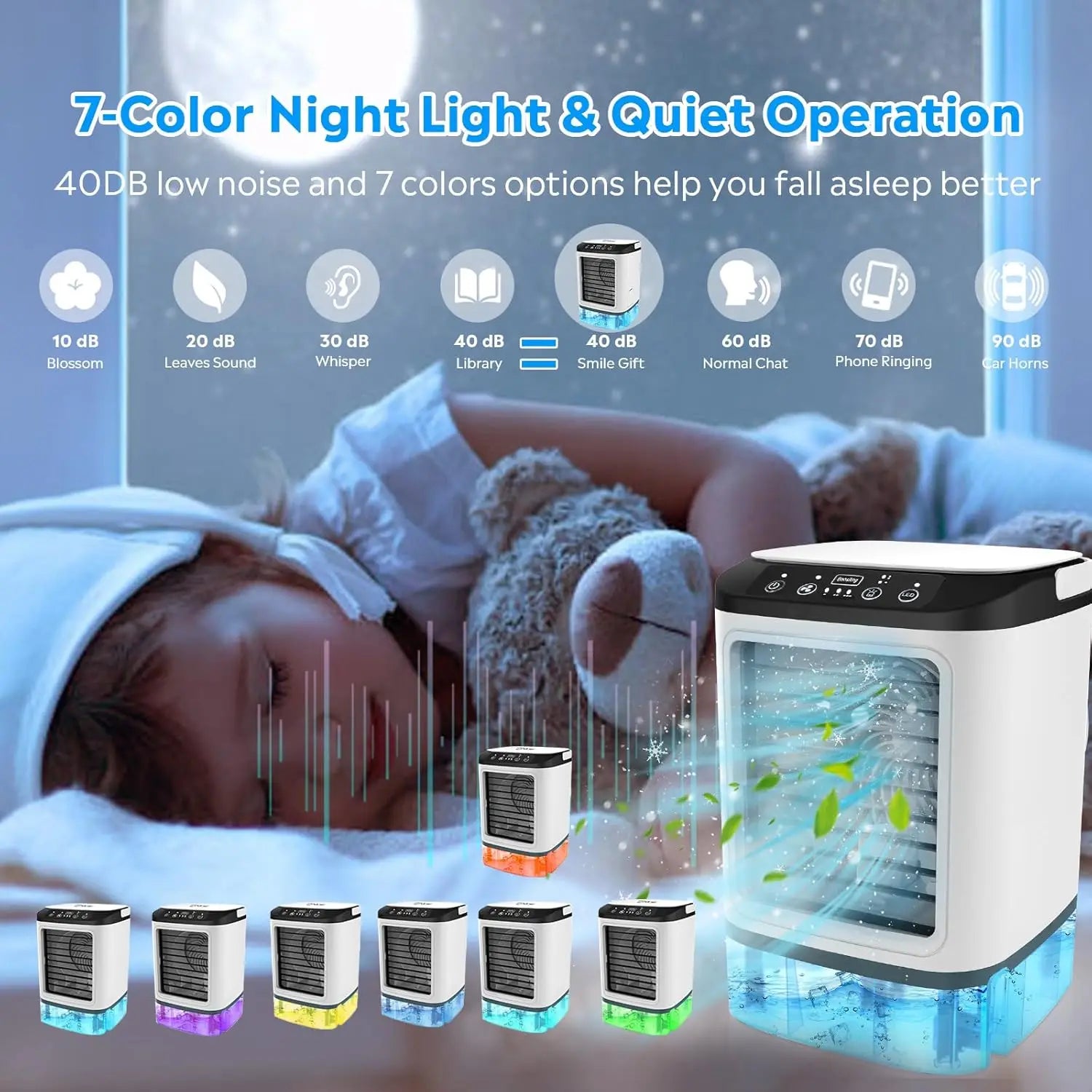 Evaporative Air Cooler with 900ml Water Tank & Ice Box, 7-Color LED Light, 3 Fan Speeds + Boost Mode & 2 Mist Levels, Portable Personal AC Fan
