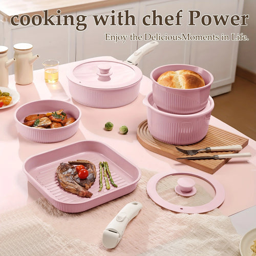24pcs/7pcs/5pcs Cookware Set Non-Stick Pots & Pans Induction-Ready Kitchen Cookware Set Includes Skillet/Frying Pan/Soup Pot/Steak Pan Removable Handles