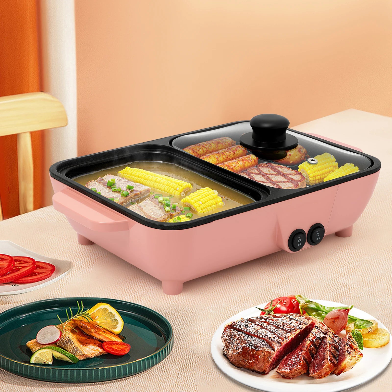 Electric Hot Pot, Mini Shabu Shabu and Grill Pan 110V, Pink Non-Stick Pot, American Standard, Portable Cooking Pot