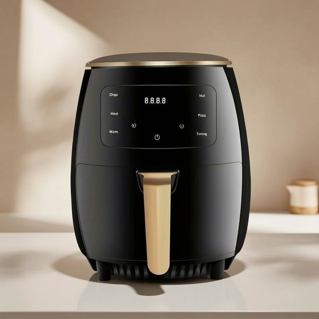 Air Fryer: Features a smart touch screen with color icons, multiple preset recipes, and manual adjustment functions.