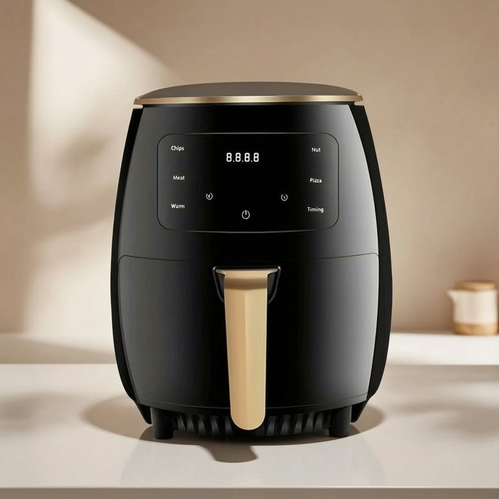 Air Fryer: Features a smart touch screen with color icons, multiple preset recipes, and manual adjustment functions.