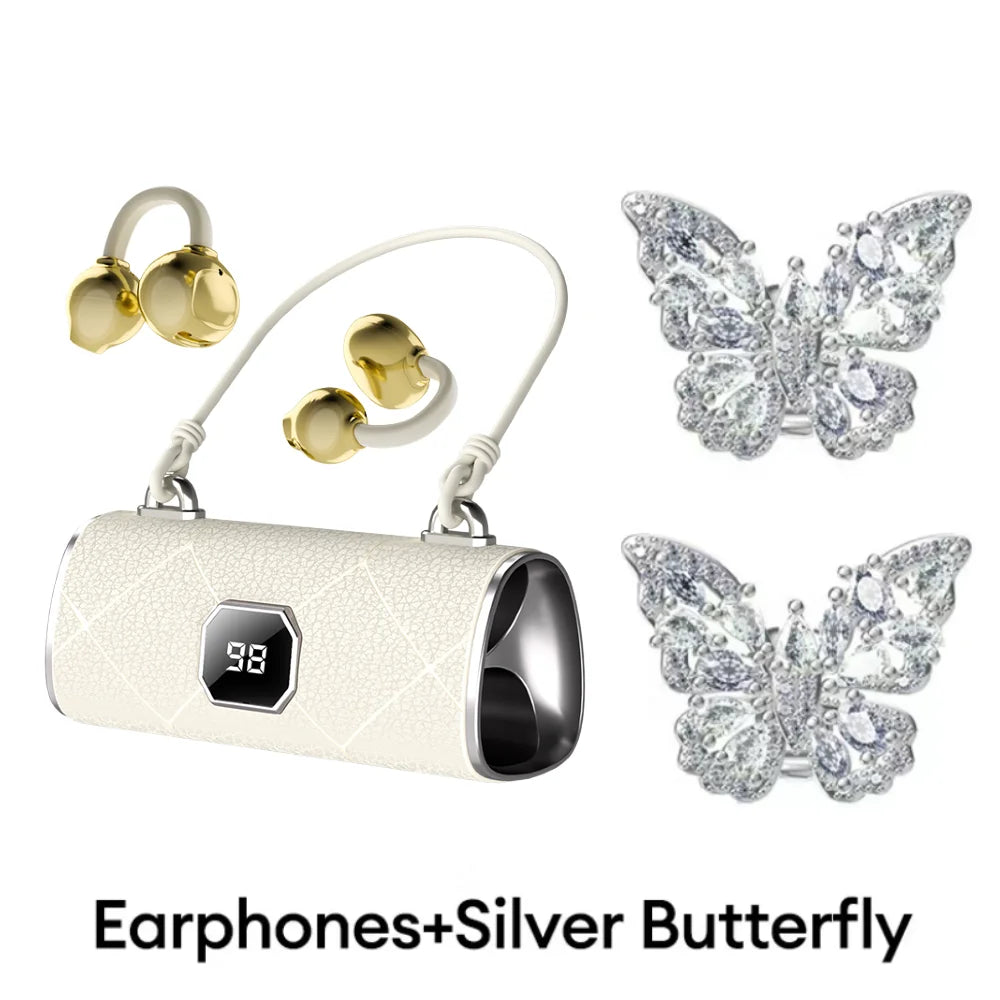 Fashion Clip-On Wireless Headphones With Butterfly Earrings Bluetooth 6.0 LED Display HiFi Sound Sport Earbuds