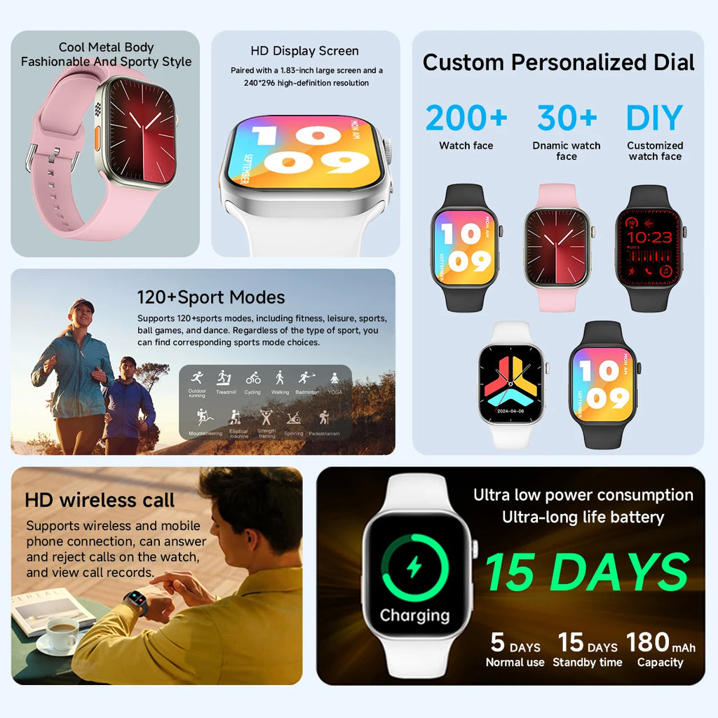 Smart Watch 1.83" HD Screen Bluetooth Call Heart Rate Monitoring 120+ Sports Modes Waterproof