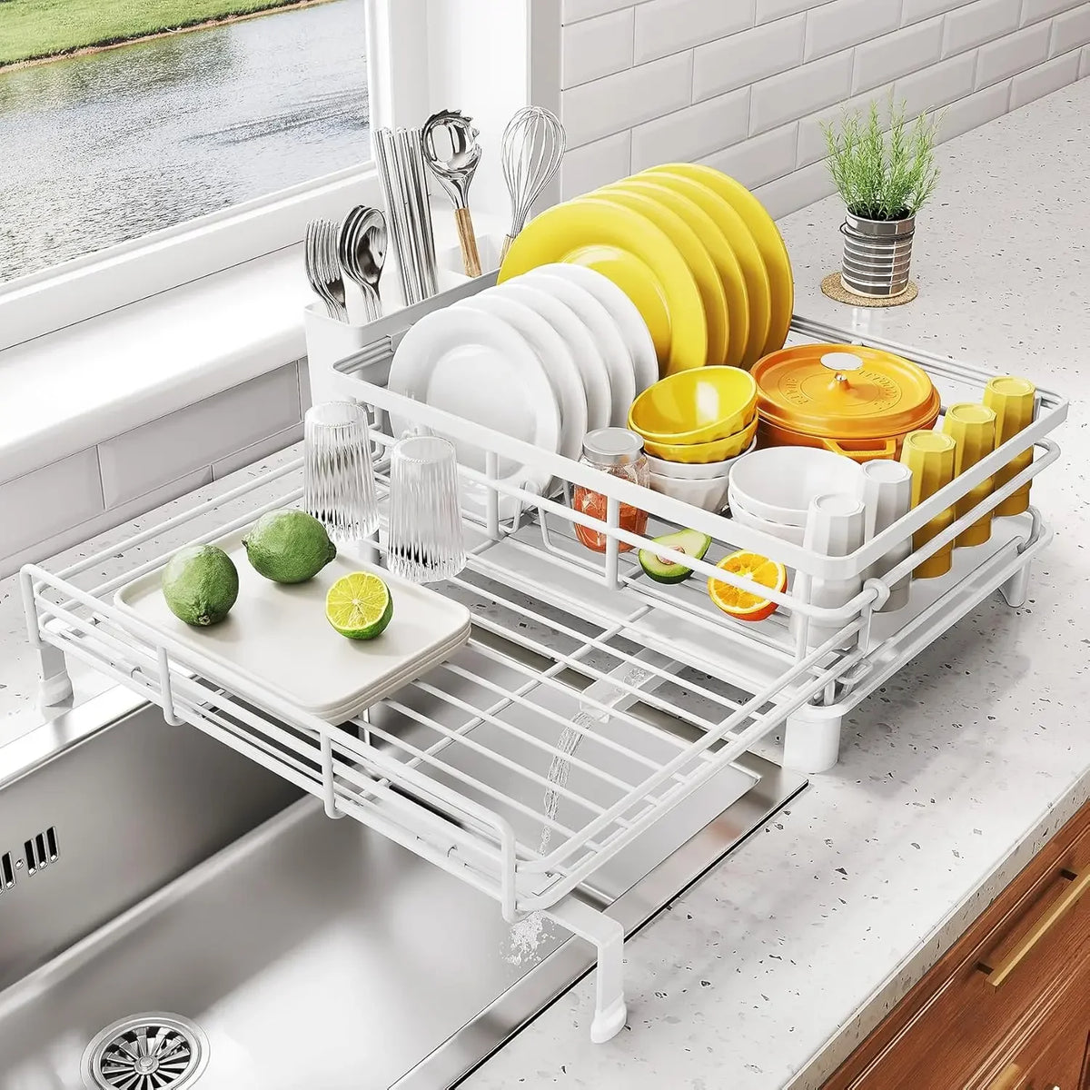 Extendable Dish Drying Rack for Large Sink & Kitchen Counter, Stainless Steel Dish Drainer with Utensil Holder