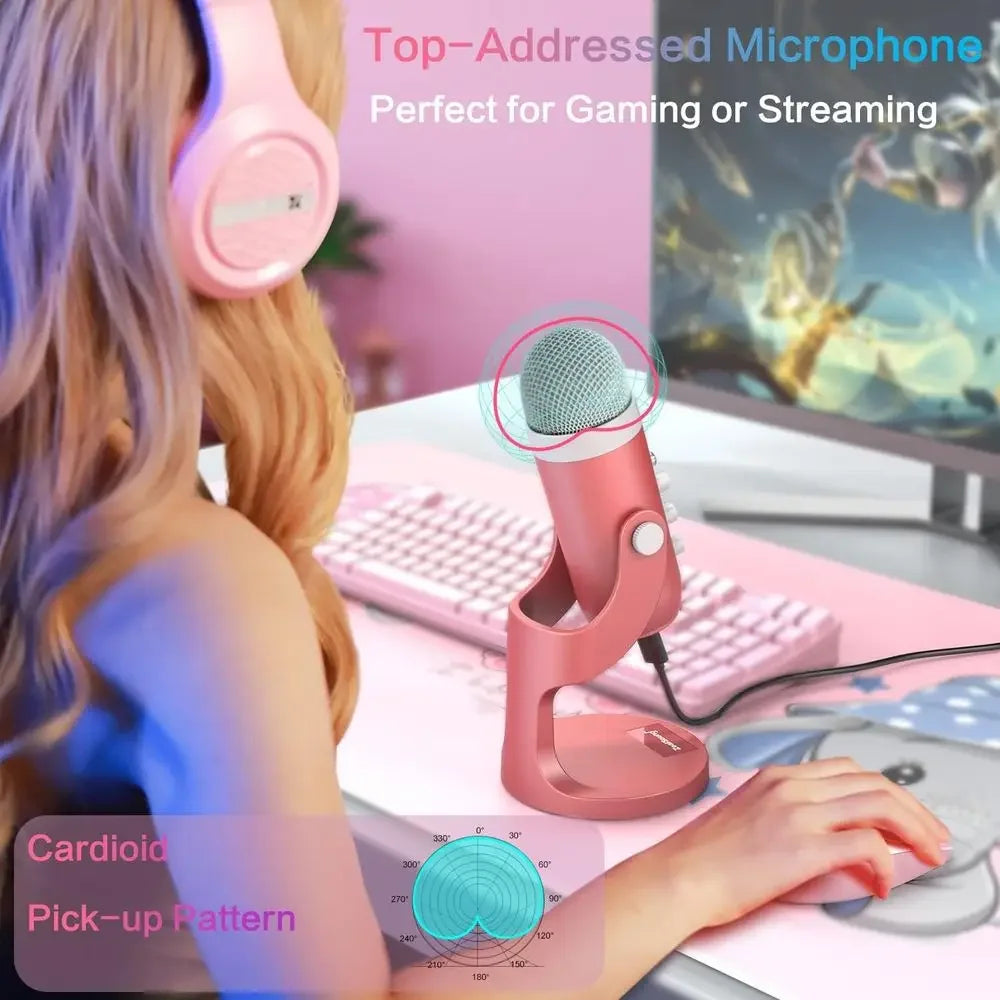Micrope Pink, Noise Cancellation ASMR Mic with , Volume Adjusent & Mute Button, Monitoring & Echo, or Vocal Recording, Podcast,