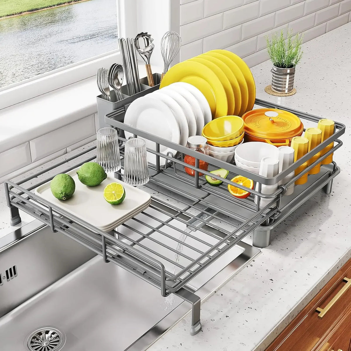 Extendable Dish Drying Rack for Large Sink & Kitchen Counter, Stainless Steel Dish Drainer with Utensil Holder