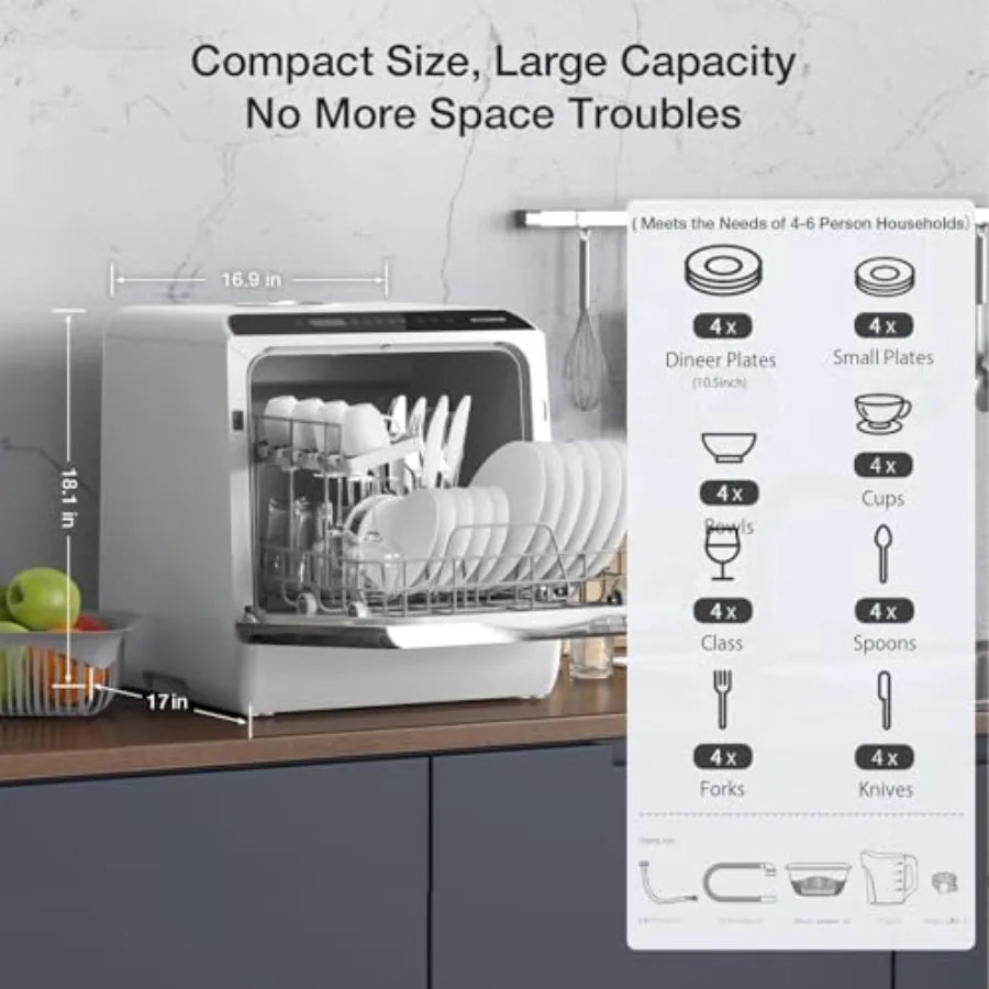Portable countertop dishwasher for small kitchens, stainless steel gray, WIFI smart control with 5L built-in tank, 6 programs,