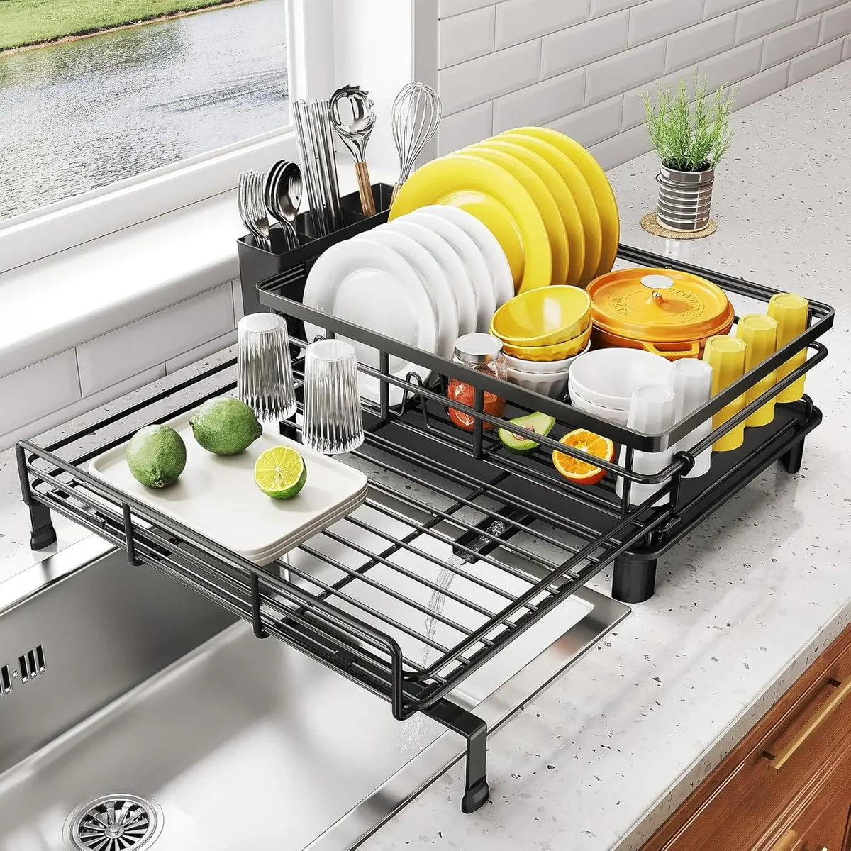 Extendable Dish Drying Rack for Large Sink & Kitchen Counter, Stainless Steel Dish Drainer with Utensil Holder