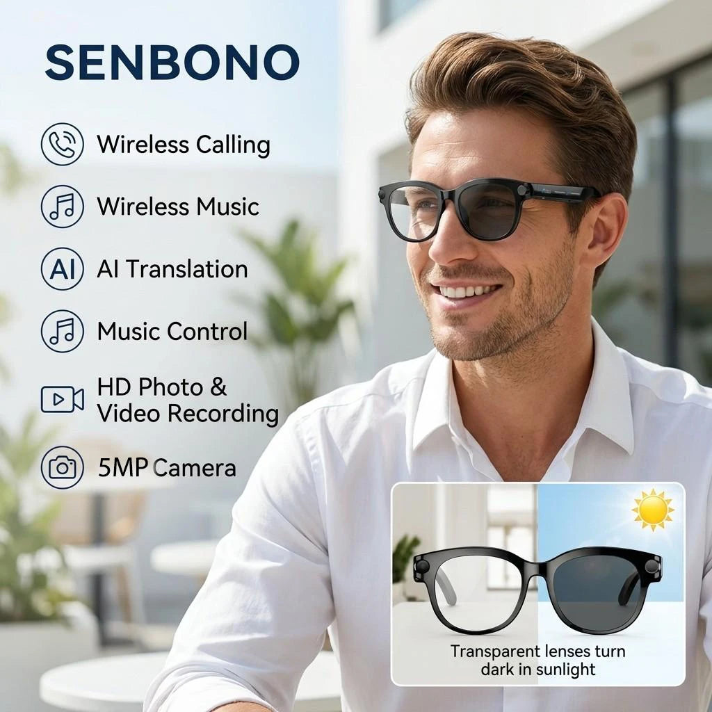 SENBONO 2026 New AI Smart Glasses with 2MP/5MP/8MP Camera 1080P 4K Videos Smart Glasses AI Voice AI Photo Recognition/Translation Wireless Calling Music Control Sunglasses