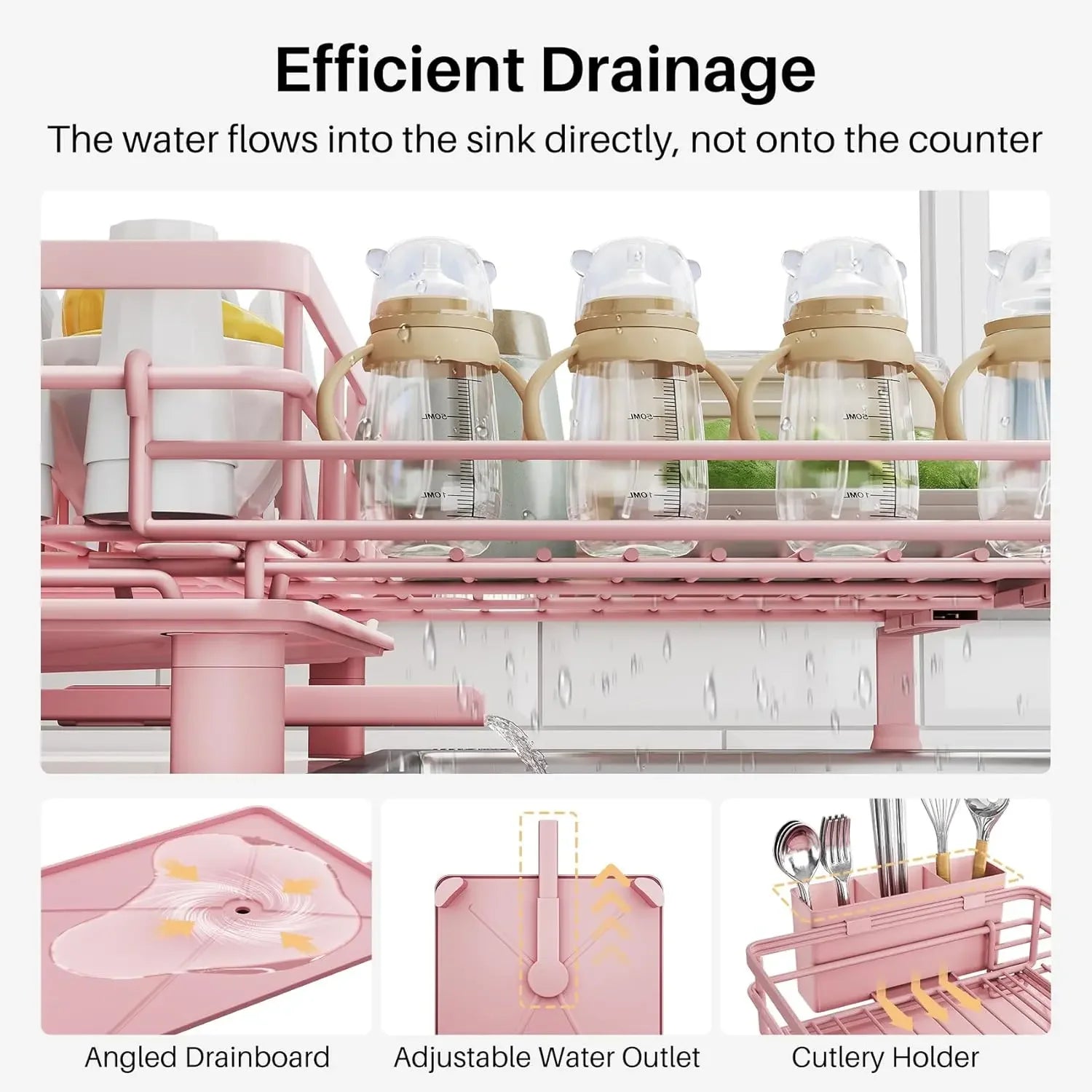 Extendable Dish Drying Rack for Large Sink & Kitchen Counter, Stainless Steel Dish Drainer with Utensil Holder