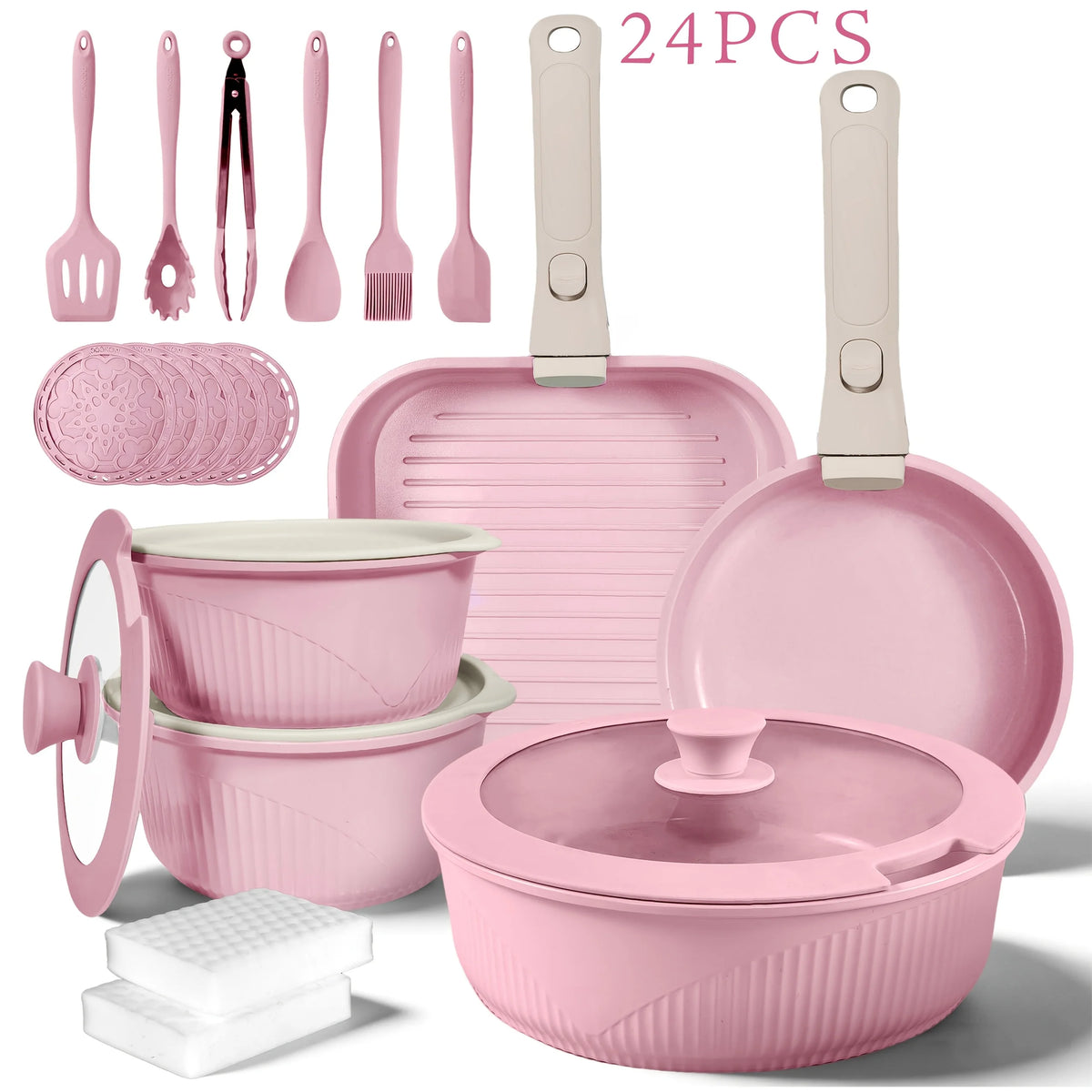 24pcs/7pcs/5pcs Cookware Set Non-Stick Pots & Pans Induction-Ready Kitchen Cookware Set Includes Skillet/Frying Pan/Soup Pot/Steak Pan Removable Handles