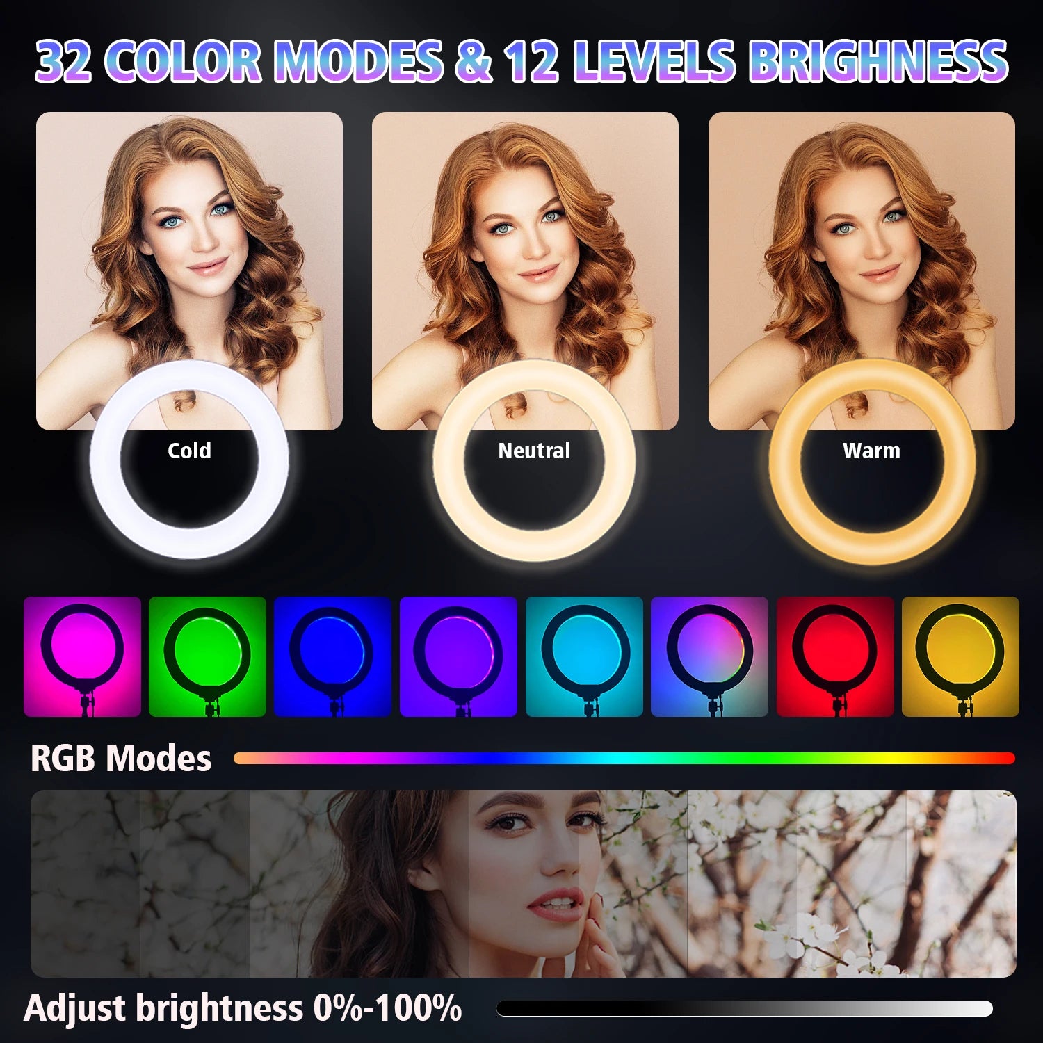 Professional Selfie Ring LED Light, USB Powered,160cm Tall Stand, 38-Color RGB, Live Streaming