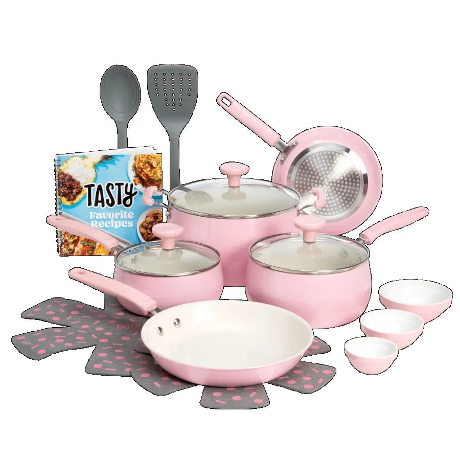 Clean Ceramic 16 Piece Non-Stick Aluminum Cookware Set Pink