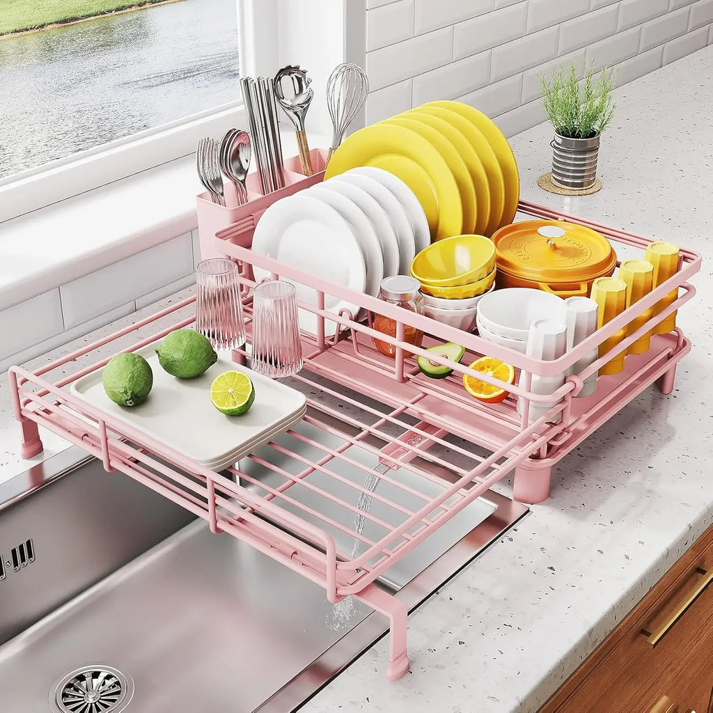 Extendable Dish Drying Rack for Large Sink & Kitchen Counter, Stainless Steel Dish Drainer with Utensil Holder
