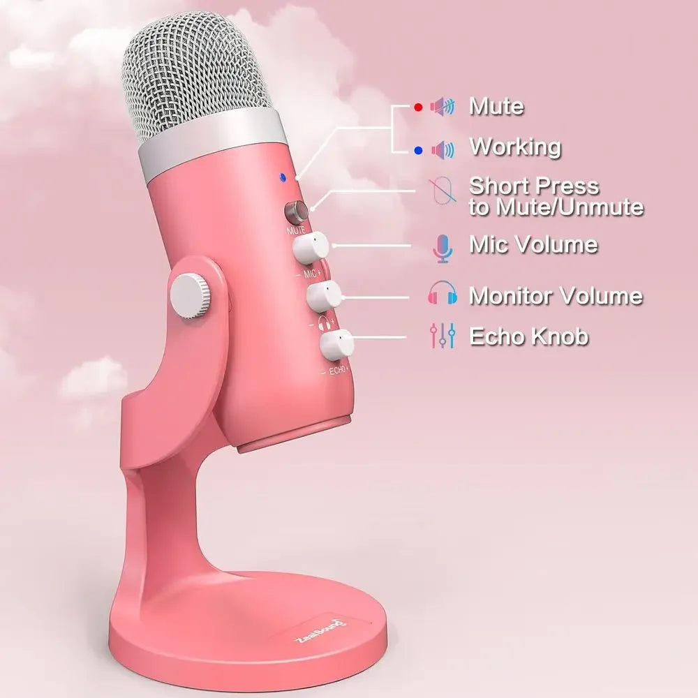 Micrope Pink, Noise Cancellation ASMR Mic with , Volume Adjusent & Mute Button, Monitoring & Echo, or Vocal Recording, Podcast,