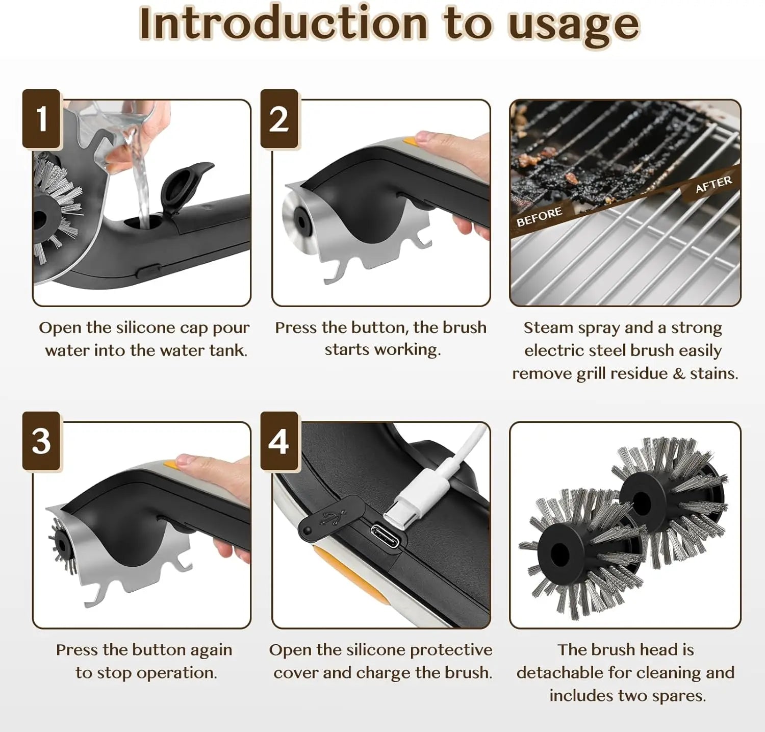 Electric Grill Brush Cleaner with Water Tank