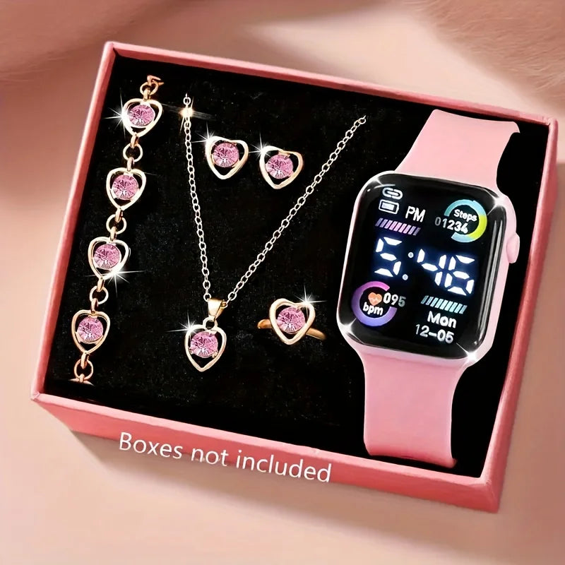 6-piece set of fashion electronic watch necklace earrings ring set