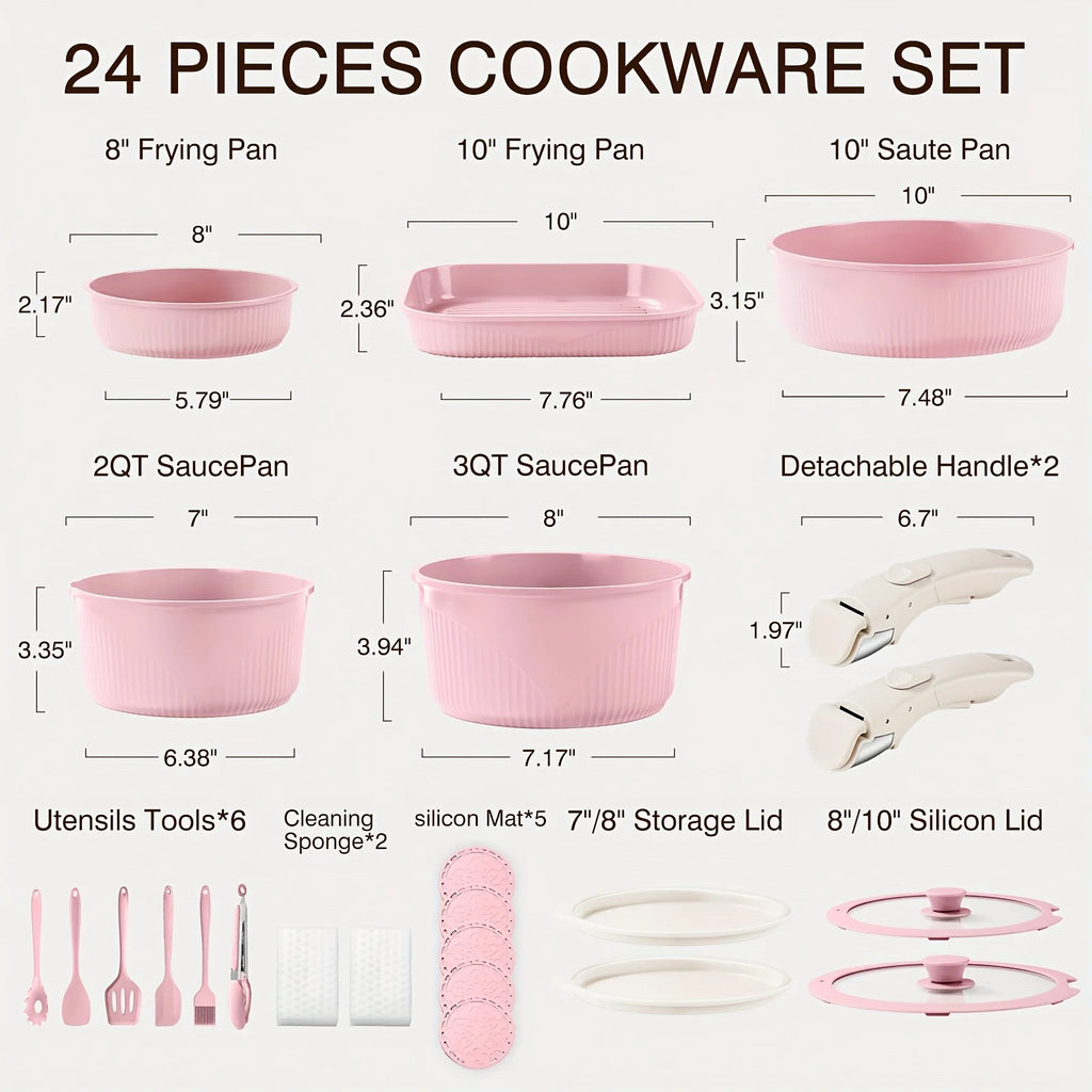 24pcs/7pcs/5pcs Cookware Set Non-Stick Pots & Pans Induction-Ready Kitchen Cookware Set Includes Skillet/Frying Pan/Soup Pot/Steak Pan Removable Handles