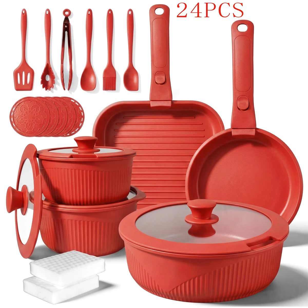 24pcs/7pcs/5pcs Cookware Set Non-Stick Pots & Pans Induction-Ready Kitchen Cookware Set Includes Skillet/Frying Pan/Soup Pot/Steak Pan Removable Handles
