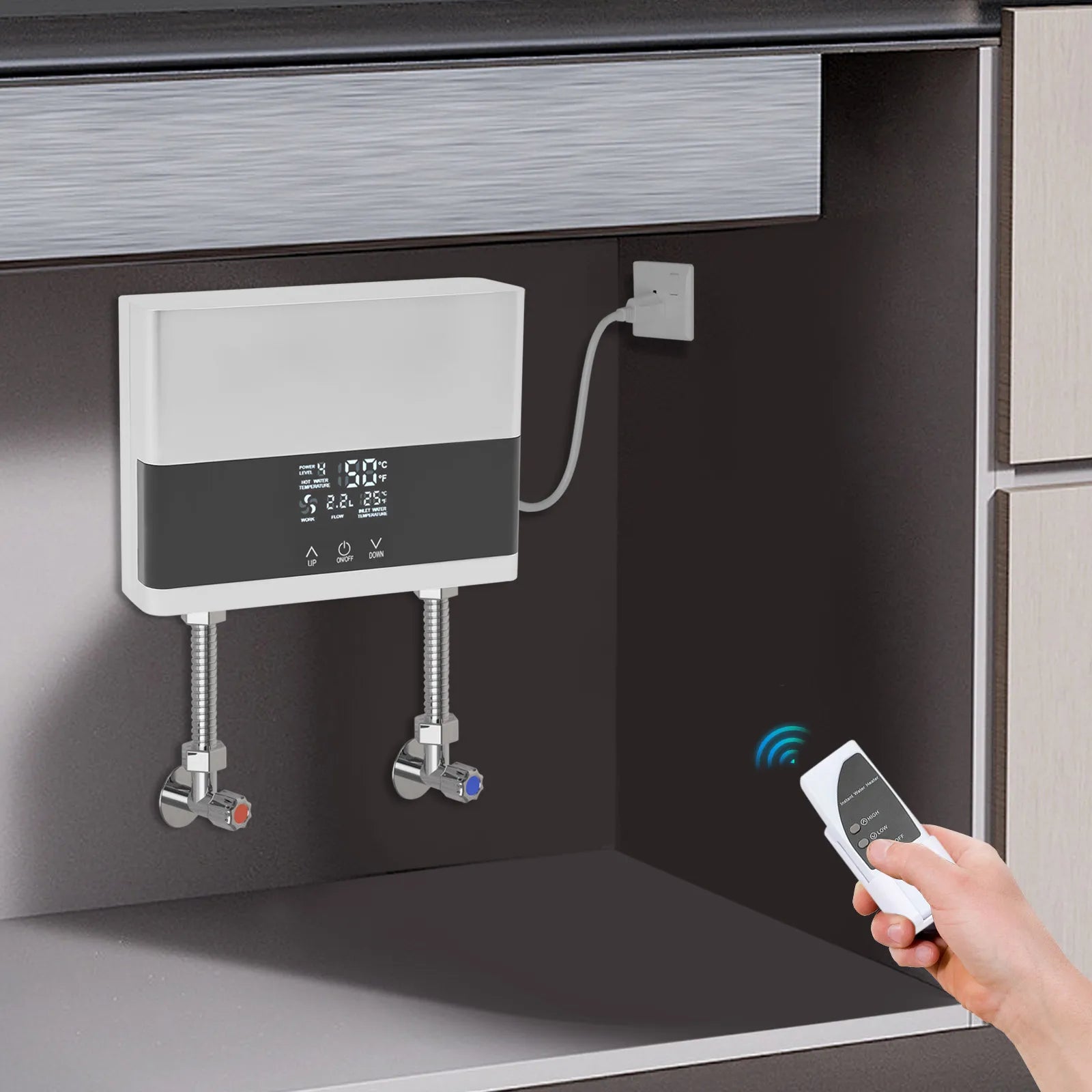 110V 4000W Mini Electric Water Heater,Silver/Gold ABS Instant Hot Water Heater with Remote Control for Kitchens