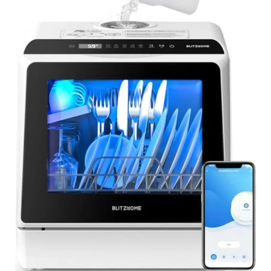 Portable countertop dishwasher for small kitchens, stainless steel gray, WIFI smart control with 5L built-in tank, 6 programs,