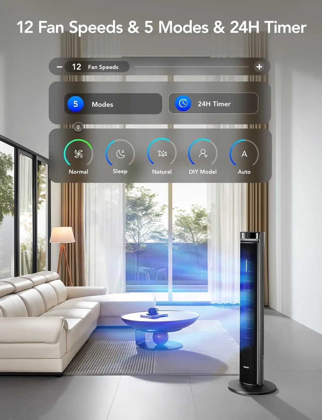 42-Inch Smart Tower Fan with 150° Oscillation, App & Voice Control, 5 Modes & 12 Speeds Up to 26ft/s, 24-Hour Timer, 27dB Silent Cooling for Home Office, Silver