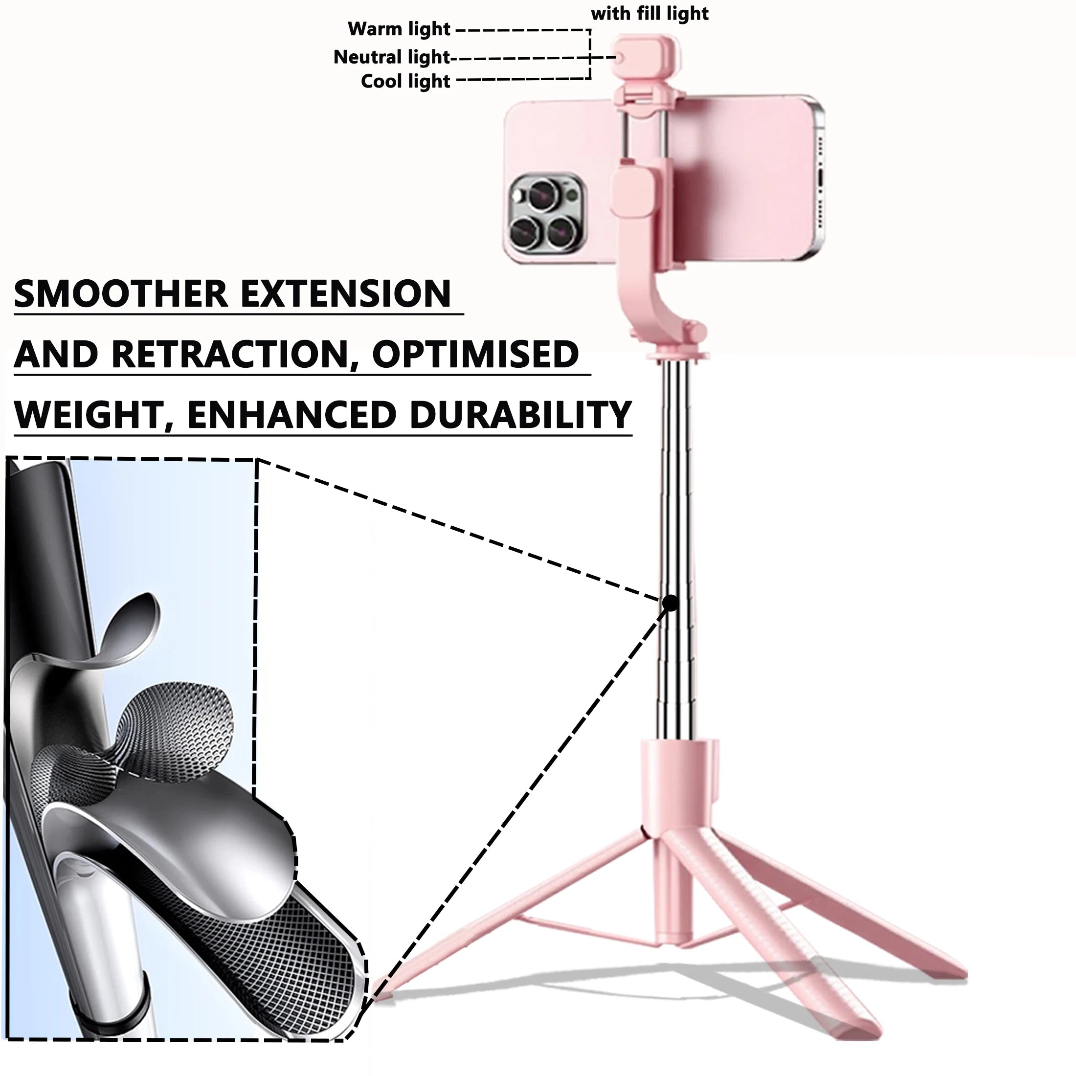 Extendable Selfie Stick Tripod, Fill Light & Bluetooth-compatible Remote