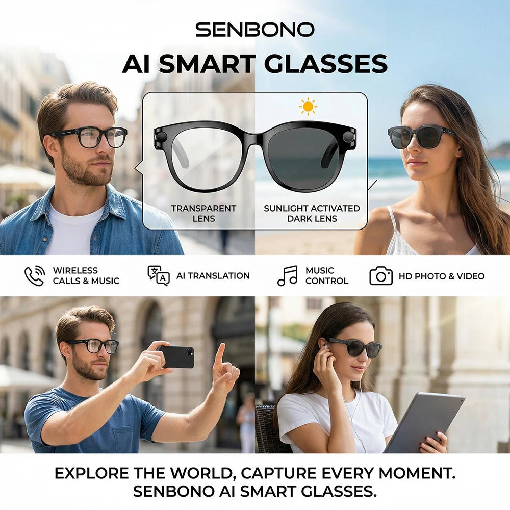 SENBONO 2026 New AI Smart Glasses with 2MP/5MP/8MP Camera 1080P 4K Videos Smart Glasses AI Voice AI Photo Recognition/Translation Wireless Calling Music Control Sunglasses