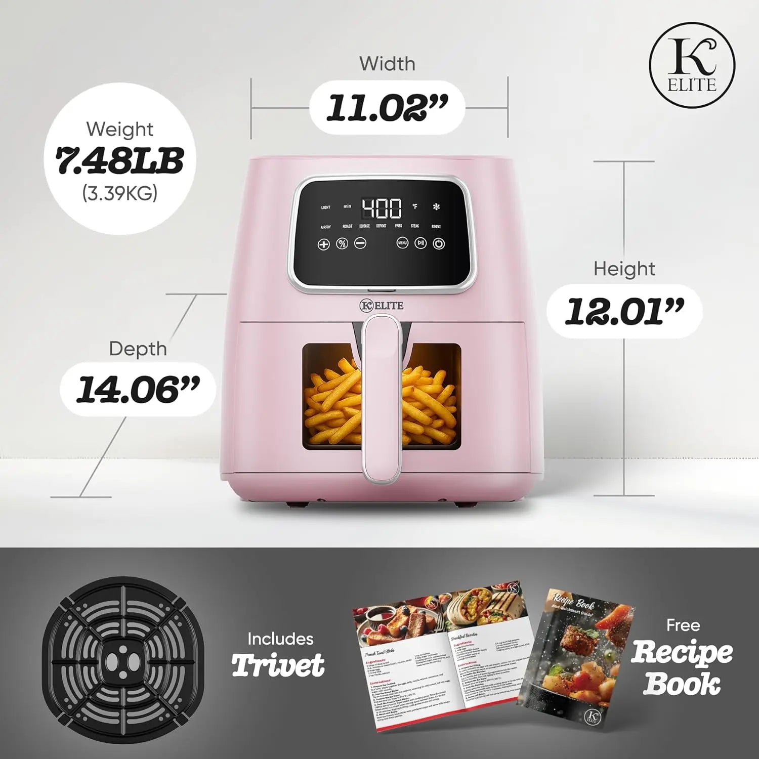 5.5 Qt. Digital Air Fryer, Countertop Cooker with LED Screen, Presets for Air Fry, Roast, Dehydrate, Defrost and Reheat, Pink