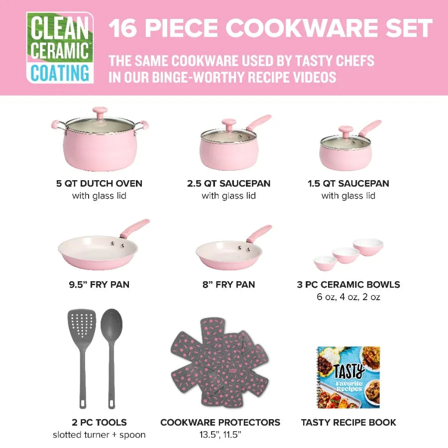 Clean Ceramic 16 Piece Non-Stick Aluminum Cookware Set Pink