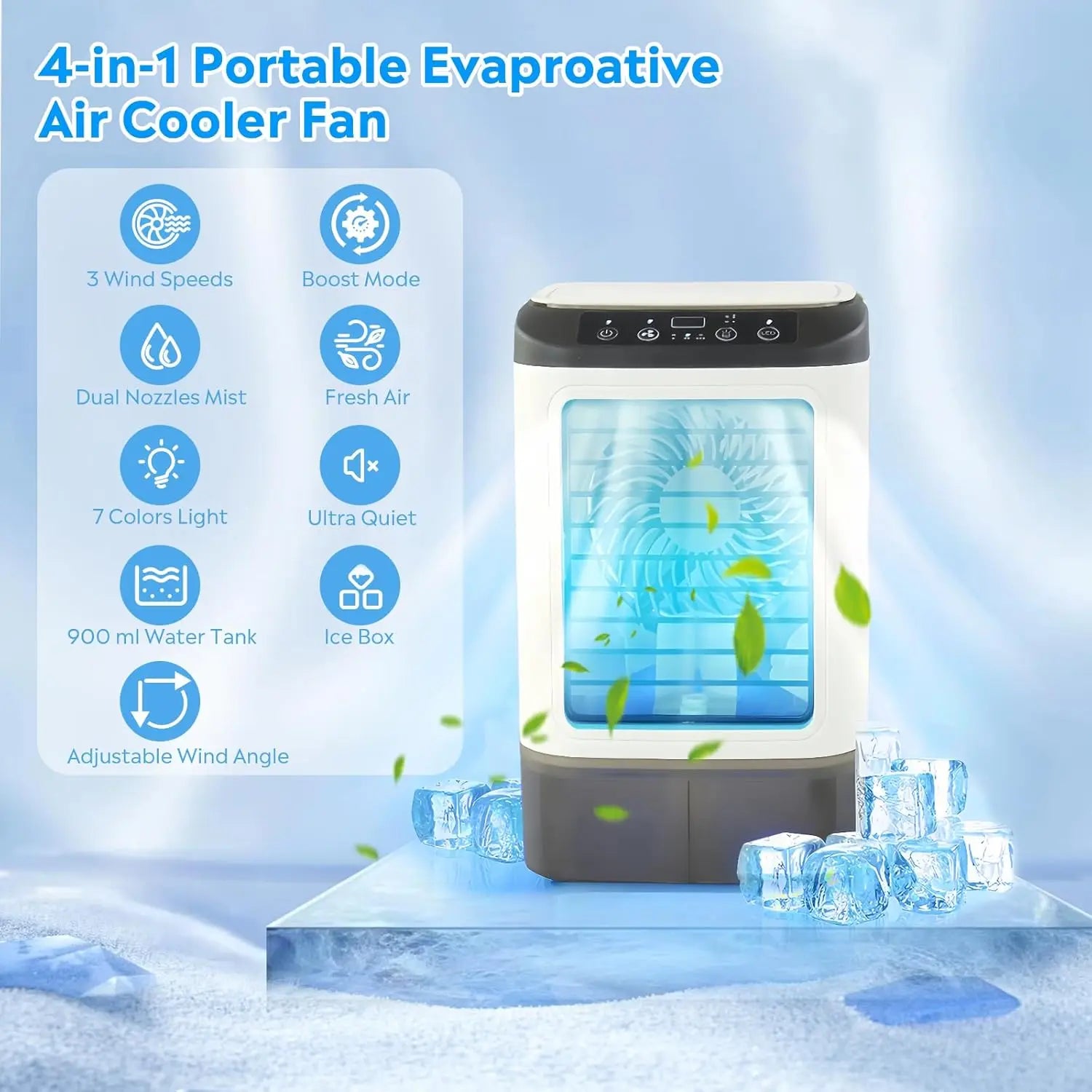 Evaporative Air Cooler with 900ml Water Tank & Ice Box, 7-Color LED Light, 3 Fan Speeds + Boost Mode & 2 Mist Levels, Portable Personal AC Fan