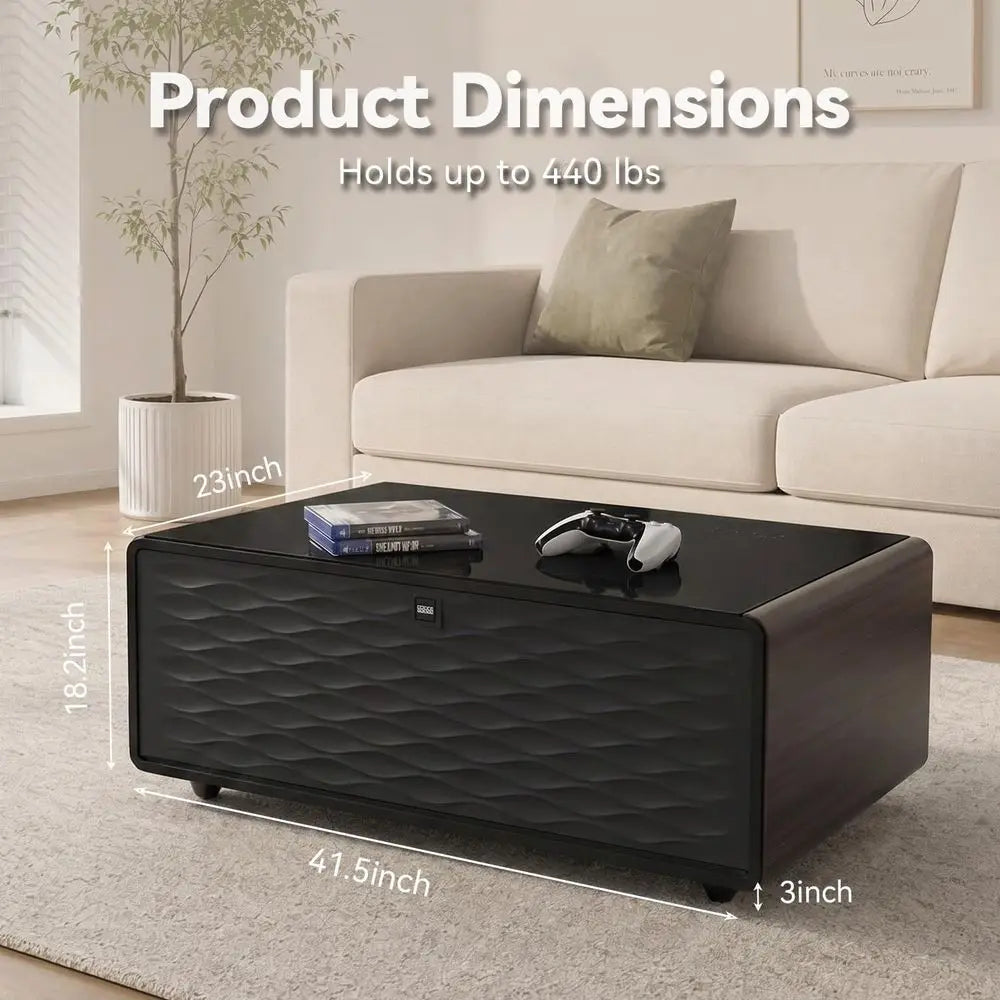 Smart Coffee Table with Built in ridge, 23" D x 41.5" W x 18.2" H, 15W Wireless Charging, USB s and Speakers