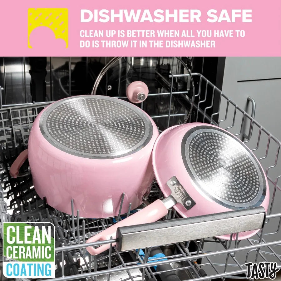 Clean Ceramic 16 Piece Non-Stick Aluminum Cookware Set Pink