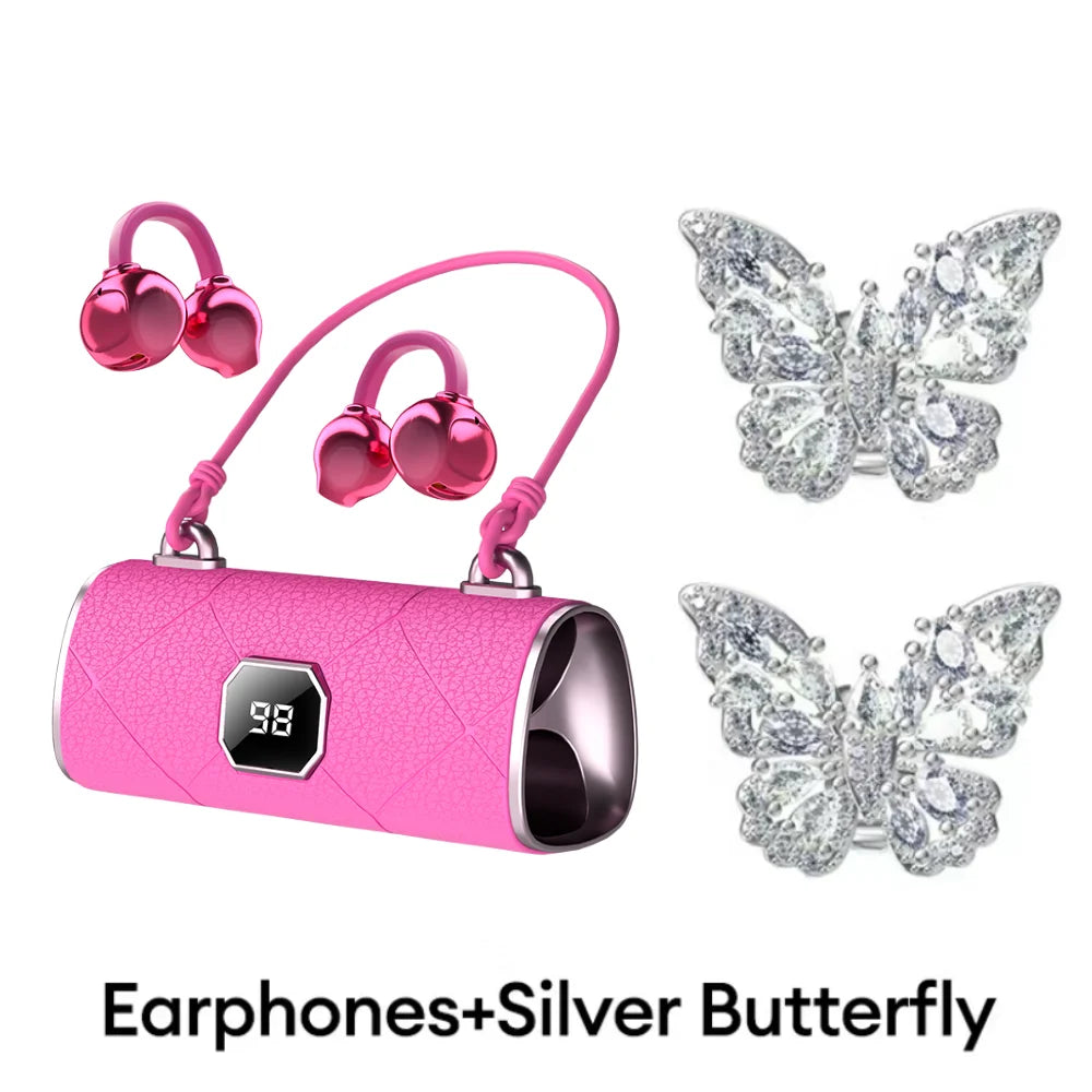 Fashion Clip-On Wireless Headphones With Butterfly Earrings Bluetooth 6.0 LED Display HiFi Sound Sport Earbuds
