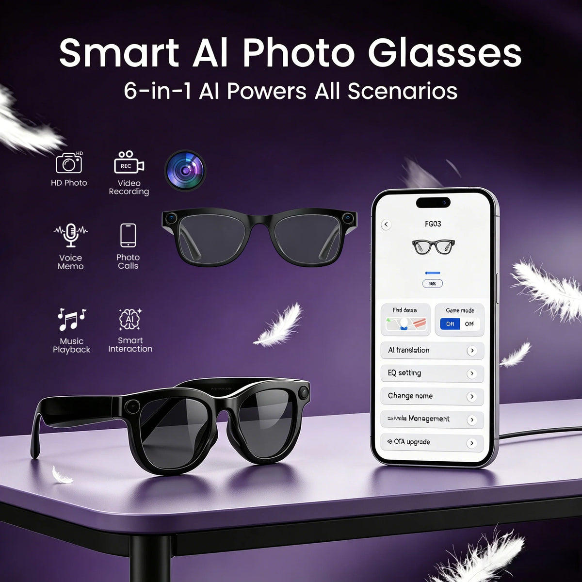 Smart AI photo glasses with 200W pixels, equipped with a camera and video glasses