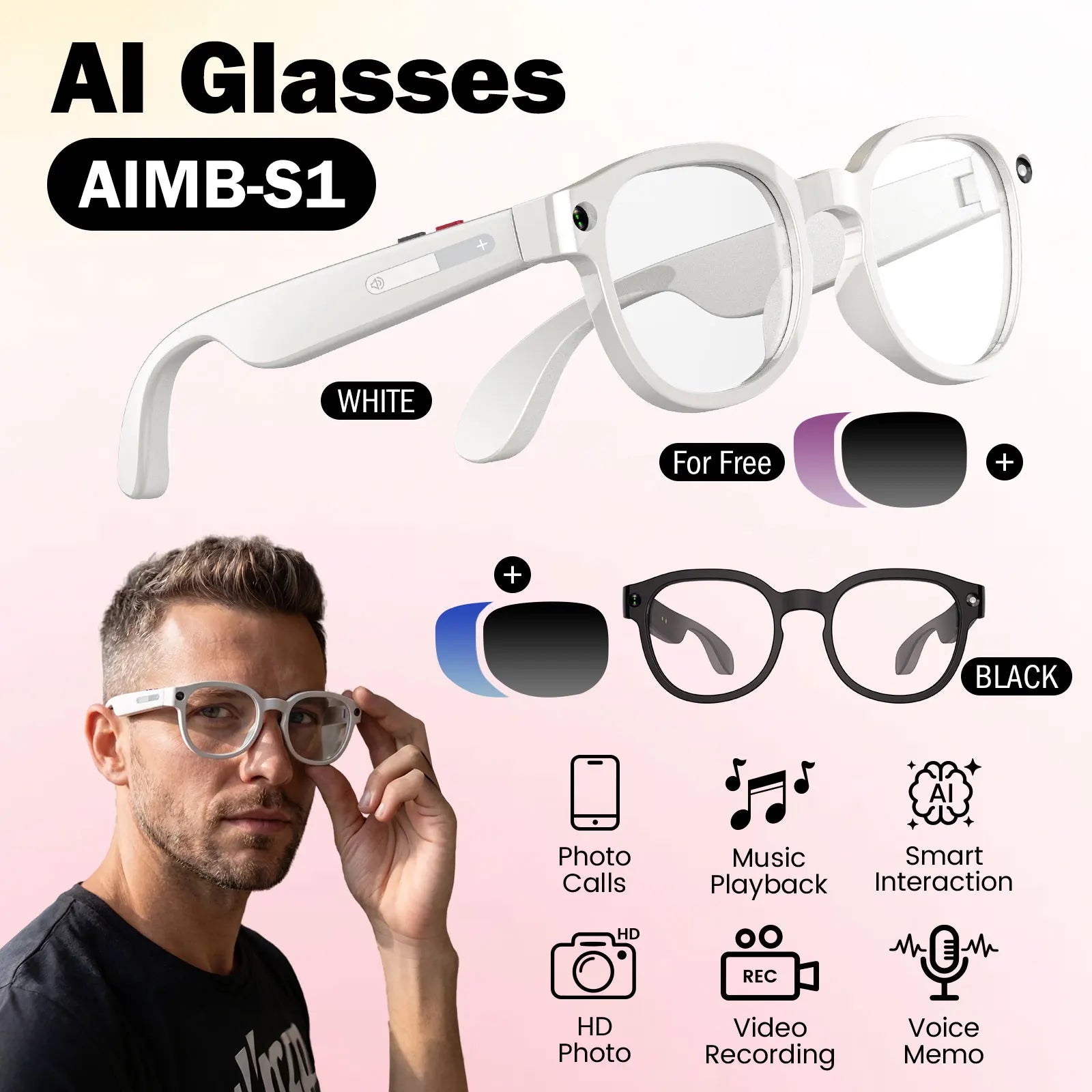 AI glasses, dual cameras, 2 million pixels, with three lenses, wireless smart glasses, hunting glasses, video glasses, AI shooting glasses, cycling glasses, sports camera, long battery life, high sound quality, touch voice