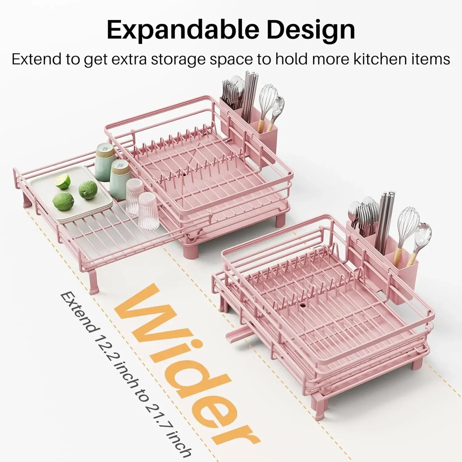 Extendable Dish Drying Rack for Large Sink & Kitchen Counter, Stainless Steel Dish Drainer with Utensil Holder