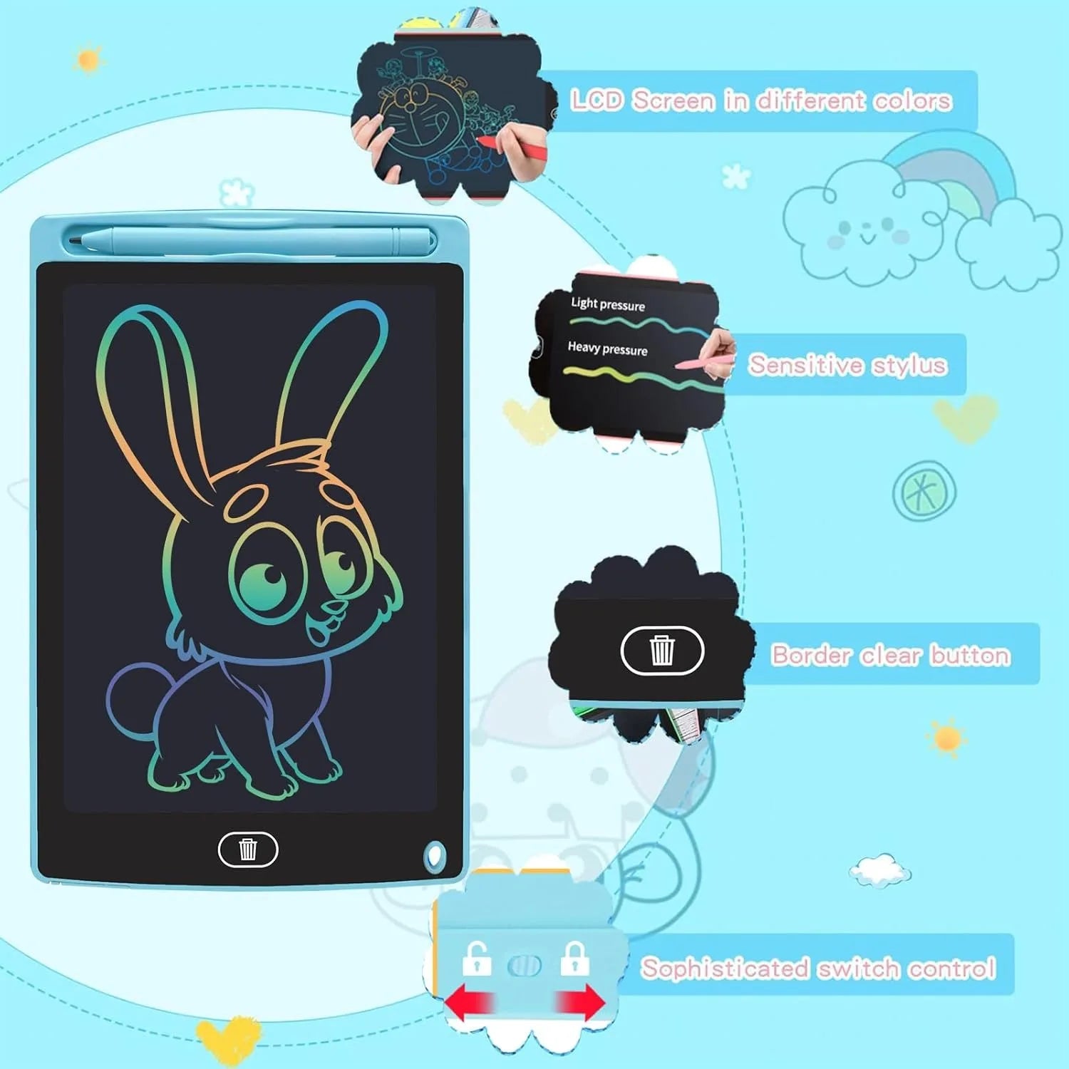 LCD Writing Tablet 8.5 Inch Doodle Board Tablet Drawing Gifts LCD Writing Board Electronic Erasable Reusable Colorful Screen Pad(Blue)