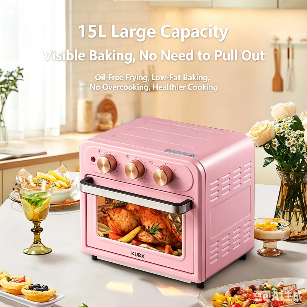 15L Retro Pink Multifunctional Air Fryer/Toaster Oven/Oven Oil-Free Baking Mini Electric Oven 15.85QT Countertop Oven
