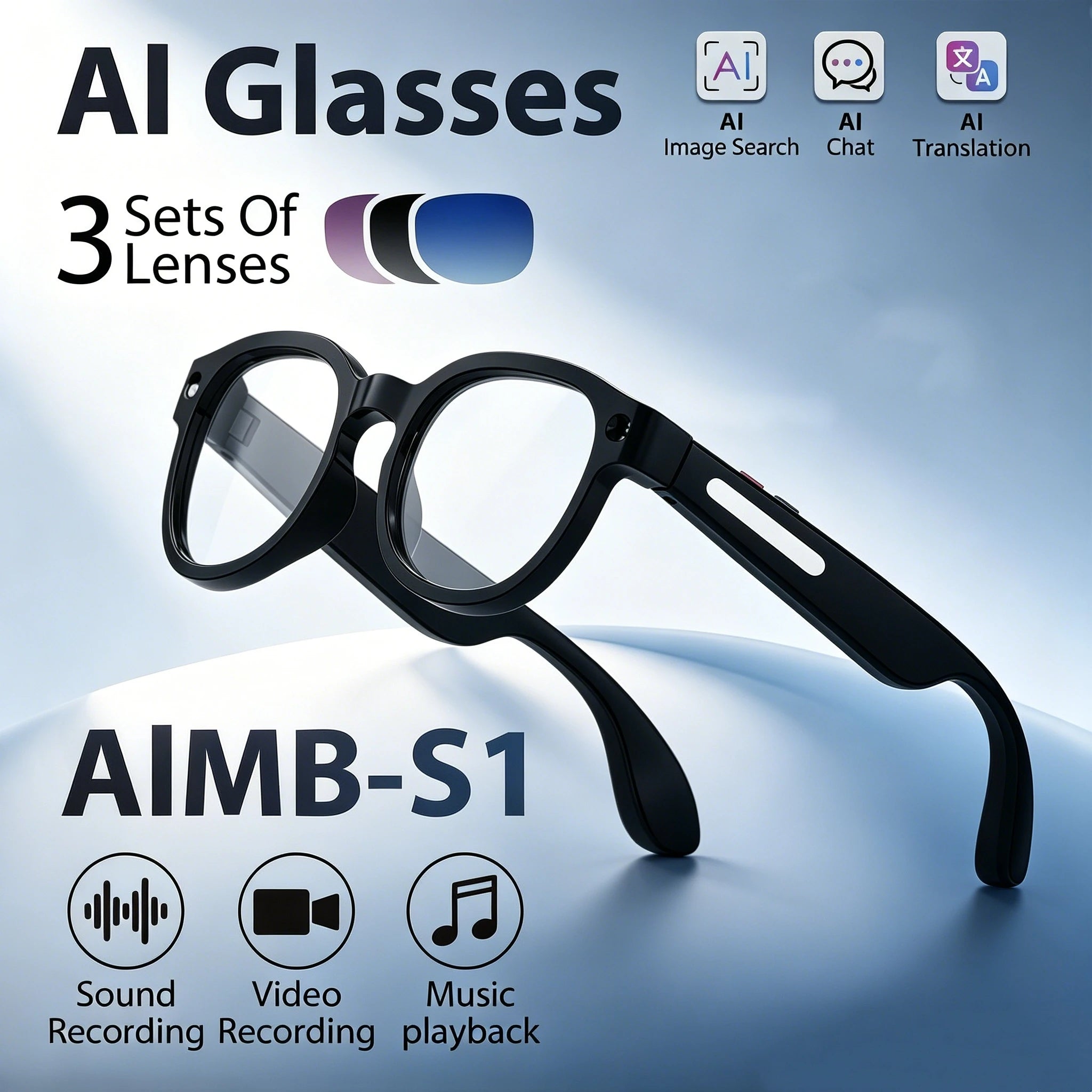 AI glasses, dual cameras, 2 million pixels, with three lenses, wireless smart glasses, hunting glasses, video glasses, AI shooting glasses, cycling glasses, sports camera, long battery life, high sound quality, touch voice