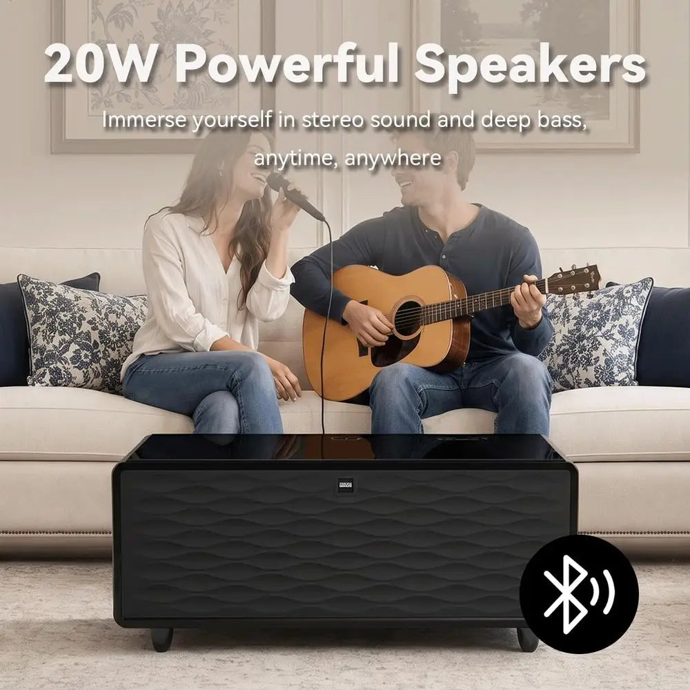 Smart Coffee Table with Built in ridge, 23" D x 41.5" W x 18.2" H, 15W Wireless Charging, USB s and Speakers