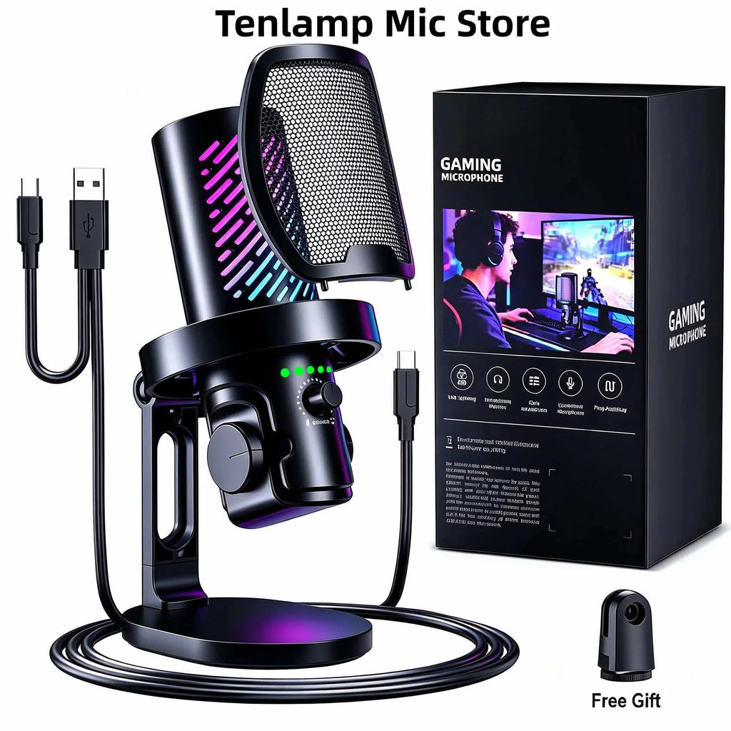 Tenlamp RGB USB Streaming Microphone ,Professionl Computer Condenser Mic For PC Mac Recording YouTube Podcasting Gaming Laptop Desktop