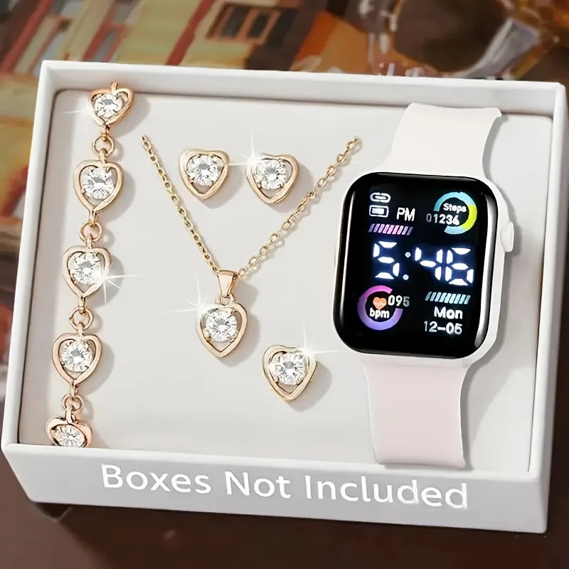6-piece set of fashion electronic watch necklace earrings ring set