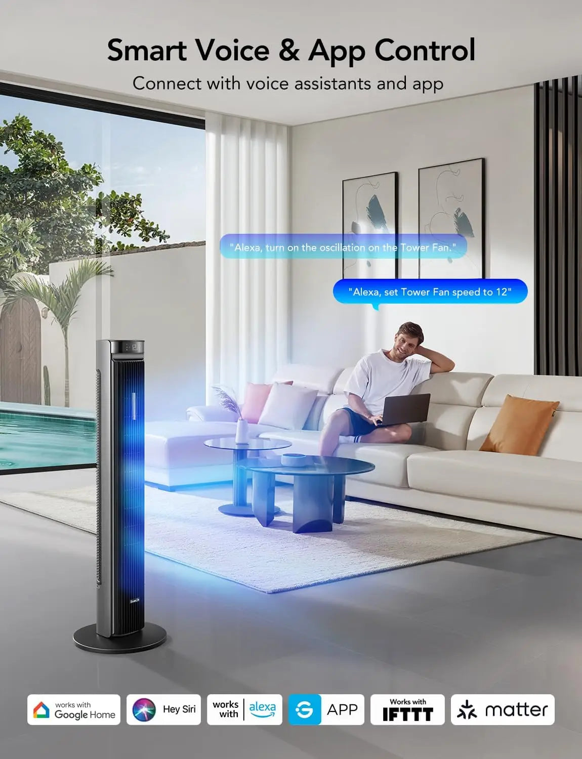 42-Inch Smart Tower Fan with 150° Oscillation, App & Voice Control, 5 Modes & 12 Speeds Up to 26ft/s, 24-Hour Timer, 27dB Silent Cooling for Home Office, Silver